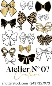 vector fashion graphic of a set of bow ties with different colour, gold foil elements, Paris style