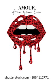 vector fashion graphic for t-shirts with lips with leopard pattern and dripping glossy lipstick, translation: Love 