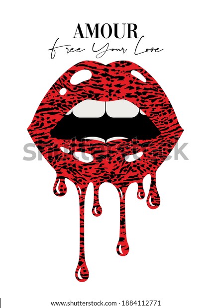 vector\
fashion graphic for t-shirts with lips with leopard pattern and\
dripping glossy lipstick, translation: Love\

