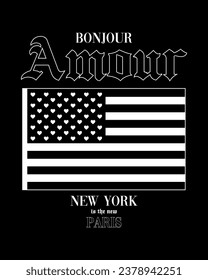 vector fashion graphic with usa flag , heart shapes, love symbols, black-white