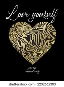 vector fashion graphic with zebra skin pattern filled heart shape, gold foil effect, handwritten love quote 