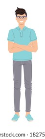 Vector fashion guy. Vector fashion smiling guy wearing stylish glasses, tshirt, cotton pants isolated on white background. Male vogue and trendy informal look for manager illustration