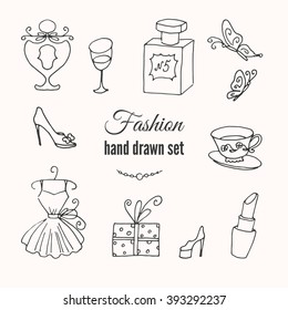 Vector fashion hand drawn elements set. Hand sketched collection of french style. Europe fashion elegance doodle set.