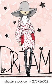 vector fashion hand drawn girl in  polka dot dress illustration with grunge stars, hearts and dream slogan