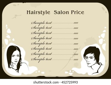 Vector Fashion Hand Drawn Portrait Girl Man Face Silhouette Beauty Hairstyle Hair Salon Illustration Old Paper Design Menu Price