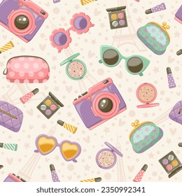 Vector fashion hand drawn seamless pattern with woman's accessories and cosmetics. Background with bag, make up tools, glasses and photo camera