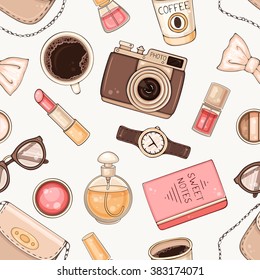 Vector fashion hand drawn seamless pattern with woman's accessories and cosmetics. Hipster background with bag, make up tools, coffee, glasses, hand watch and photo camera