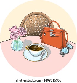 Vector fashion icon table breakfast with cup of coffee, flowers, bad and sunglasses.