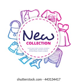 Vector fashion icons circle composition. Woman clothes design concept in doodle style.