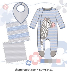 Vector Fashion Illustration of Baby Boys' Outfit with Zebra/ Two repeat patterns saved in Pattern Swatches for textile and paper product / Isolated flat sketches and design elements in separate layers