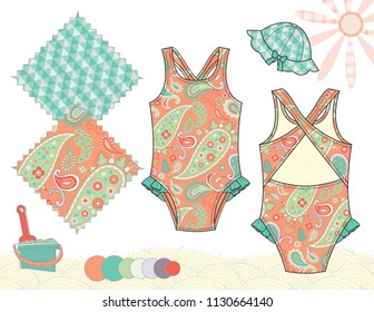 Vector Fashion Illustration of Baby Toddler Girl Outfit / Swimsuit Front & Back, Hat / Two Seamless patterns saved with Global Colors in Swatches Panel / Isolated flat sketches in separate layers