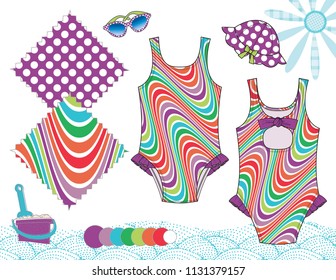 Vector Fashion Illustration of Baby Toddler Girl Outfits, Swimsuit Front, Back, Hat & Sunglasses, Two repeat patterns saved with Global Colors in Swatches Panel, Isolated flat sketches  in layers
