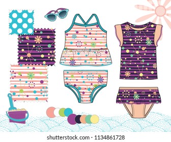 Vector Fashion Illustration of Baby Toddler Girl Outfits / Swimsuits & Sunglasses / Three Seamless patterns saved with Global Colors in Swatches Panel / Isolated flat sketches in separate layers