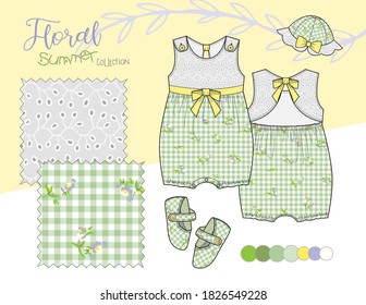 Vector Fashion Illustration of Baby Toddler Girl Sundress Outfit.  Eyelet Fabric and Spring Tulip Floral Pattern.