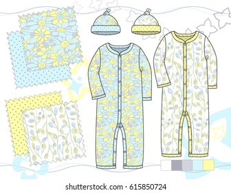 Vector Fashion Illustration of Baby Unisex Outfits / Four repeat patterns saved in Pattern Swatches for textile and paper product / Isolated flat sketches and design elements in separate layers