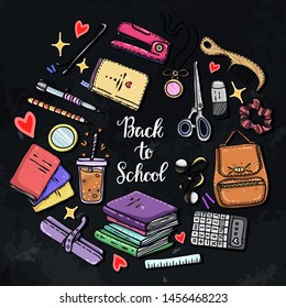 Vector fashion illustration. Back to school, various school supplies, handmade, print on t-shirt, stickers, set, chalkboard background