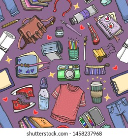 Vector fashion illustration. Back to school, various school supplies, artistic tools, handmade, dark  background, seamless pattern, set