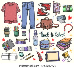 Vector fashion illustration. Back to school, various school supplies, artistic tools, handmade, stickers, set