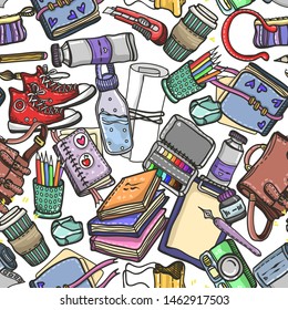Vector fashion illustration. Back to school, various school supplies, artistic tools, set, handmade, stickers, light  background, seamless pattern