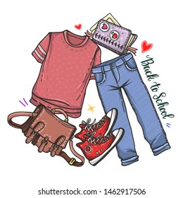 Vector fashion illustration. Back to school, school uniforms, set, handmade, stickers