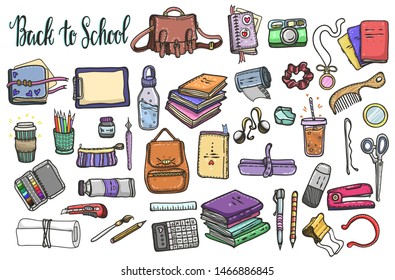 Vector fashion illustration. Back to school, various school supplies, artistic tools, stickers, set, handmade