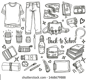 Vector fashion illustration. Back to school, various school supplies, artistic tools, set, handmade, stickers