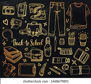 Vector fashion illustration. Back to school, various school supplies, artistic tools, set, handmade, stickers, chalkboard background