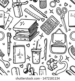 Vector fashion illustration. Back to school, set, various school supplies, handmade, print on t-shirt, stickers, light  background, seamless pattern