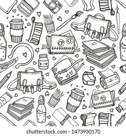 Vector fashion illustration. Back to school, various school supplies, artistic tools, set, stickers, handmade, light  background, seamless pattern