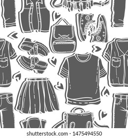 Vector fashion illustration. Back to school, school uniforms, handmade, set of different clothes, stickers, seamless pattern, light  background