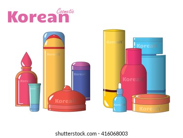 Vector fashion illustration. Beautiful cosmetic composition, surround bottle and tube, with place for Your logo or emblem. Perfect for Asian or Korean brand, girlish sweet cosmetic product or series