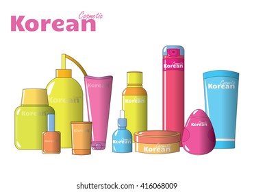 Vector fashion illustration. Beautiful cosmetic composition, surround bottle and tube, with place for Your logo or emblem. Perfect for Asian or Korean brand, girlish sweet cosmetic product or series