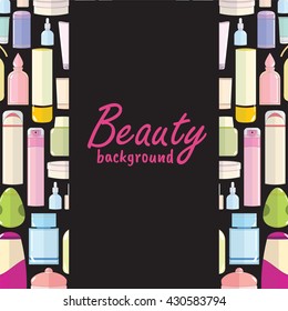 Vector fashion illustration. Beautiful cosmetic, makeup background with place for text, sale, info. Flat cartoon style.