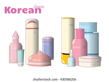 Vector fashion illustration. Beautiful cosmetic composition, surround bottle and tube, with place for Your logo or emblem. 