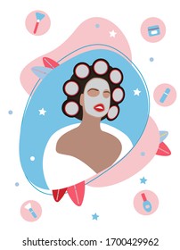 Vector fashion illustration of beautiful girl with  beauty face mask and hair curlers on the abstract background. Spa saloon 