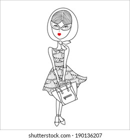 Vector fashion illustration of a beautiful girl in printed dress. Black and white image of trendy woman