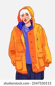 Vector fashion illustration of a beautiful girl in a modern casual, hipster orange oversize jacket isolated. Stylish look. Trendy style female character. Creative cartoon art for trendy design. EPS 10