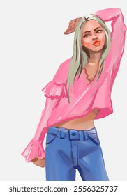 Vector fashion illustration of a beautiful girl in a modern casual outfit pink blouse blue jeans isolated. Stylish look. Trendy style female character. Creative cartoon art for trendy design. EPS 10