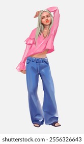 Vector fashion illustration of a beautiful girl in a modern casual outfit pink blouse blue jeans isolated. Stylish look. Trendy style female character. Creative cartoon art for trendy design. EPS 10