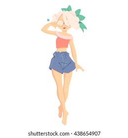 Vector fashion illustration of a beautiful girl in sunglasses and shorts. Beach girl