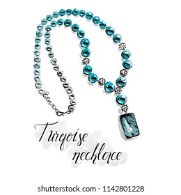 Vector fashion illustration. Beautiful necklace with big shiny beads of semiprecious stones, blue turqoise.Isolated drawing on white with a black line contour. Graphic for jewelry salon.
