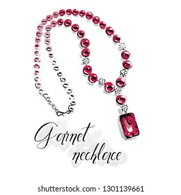 Vector fashion illustration. Beautiful necklace with big shiny beads of semiprecious stones, red garnet.Isolated drawing on white with a black line contour. Graphic for jewelry salon.
