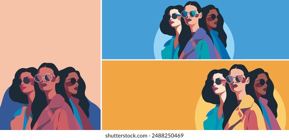 Vector Fashion illustration of beautiful strong stylish different women. Women's Day. Vector set of banner templates with space for text in different sizes