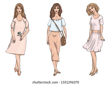 Vector fashion illustration beautiful stylish set of three stylish girls in business style in rose beige and pink colours isolated on white background