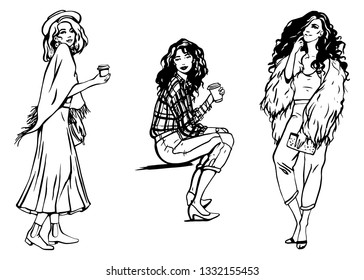 Vector fashion illustration beautiful stylish set of three stylish girls in business styl black and white linear on white background