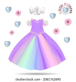 Vektorgrafik zur Mode. Schöner HochzeitsLook. Elegantes Abendkleid. Muster des modischen Kleides für kleine Mädchen. Party-Kleidung für Babys. Babyanzug. Prinzessin. Tulle Rock.