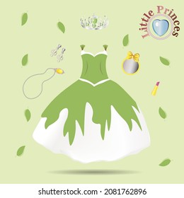 Vector fashion illustration. Beautiful wedding look. Elegant evening dress. Pattern of fashionable dress for little girls. Party clothes for babies. Baby suit. Princess. Tulle skirt.
