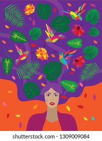 Vector fashion illustration of a beautiful woman, birds and colorful tropical palm leaves. International Women's Day. Greeting design for card, poster, banner, invitation. Flat graphic