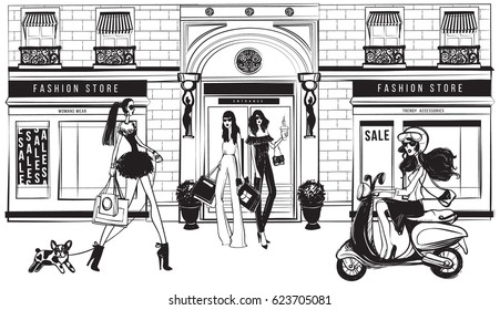 Vector fashion illustration. Beautiful women posing on the street shop front architecture. Modern fashion shop exterior in vintage black and white graphic style