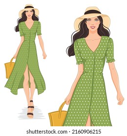 Dibujo vectorial de una hermosa joven sonriente con un vestido de verano y un sombrero de playa. Modelo de moda en un traje de verano, aislado de fondo blanco.